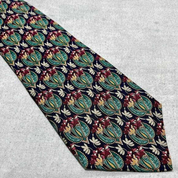 VINTAGE 1960s ROOSTER BY MAX RAAB GREEN NAVY FLORAL MENS SILK NECKTIE MADE IN US - Picture 4 of 4